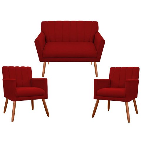 Kit Namoradeira + 2 Poltronas Decorativa Cecília Suede Vermelho Pés Madeira Mz Decor