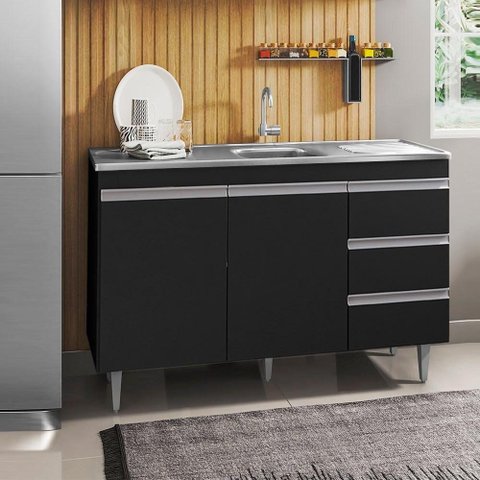 Balcão Com Pia Inox 120cm 2 Portas 3 Gavetas Preto Total