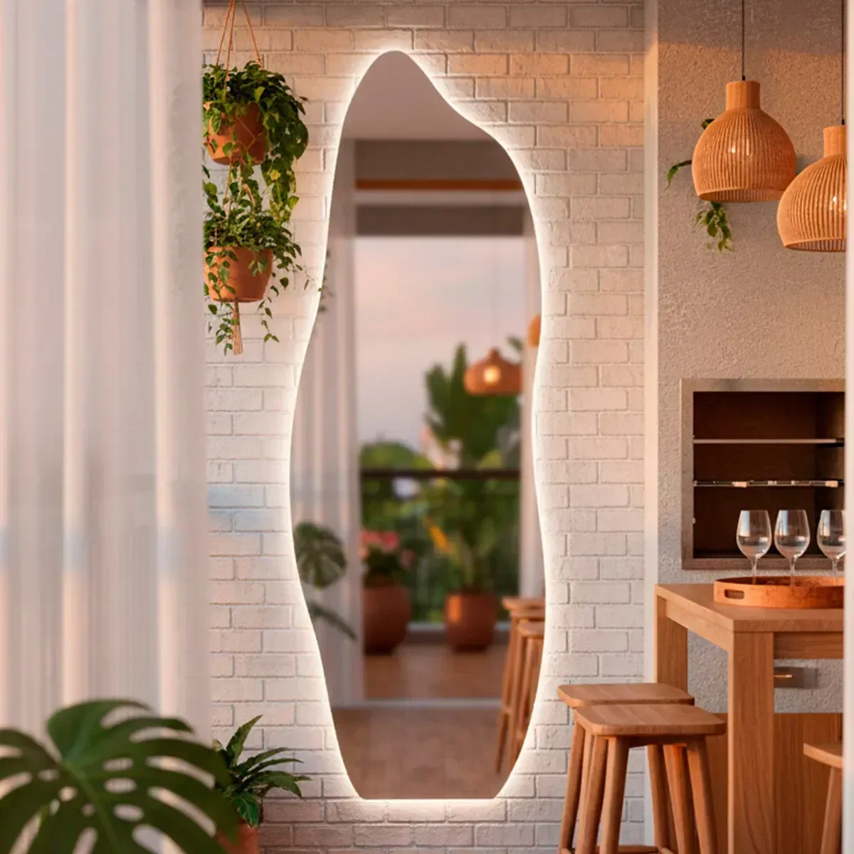 Espelho Orgânico Grande de Parede com Led Frio Mod Flame 150x50 Decorativo para Sala Quarto Banheiro - 1