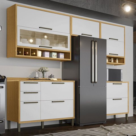 Armário de Cozinha Modulada com Balcão e Tampo 8 Portas 4 Gavetas Ágata 100% Mdf Vidro Reflecta Amên