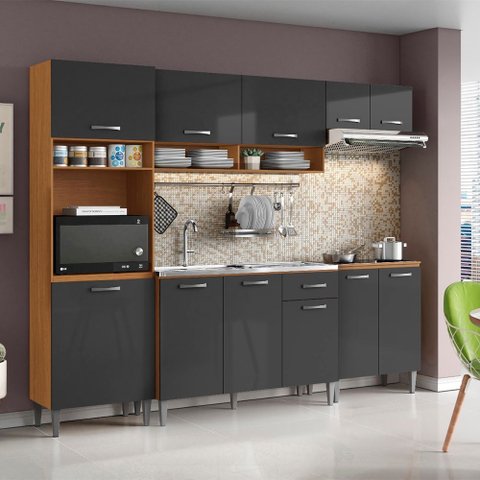 Cozinha Compacta Aurora com Balcão 120cm sem Tampo e Balcão 70cm Cinamomo Grafite Aramóveis