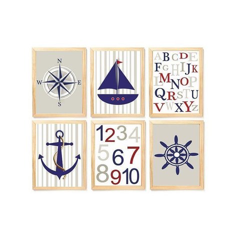 Kit Quadro Nautica Cinza & Vermelho Decorativo Quarto Criança Enxoval Bebê