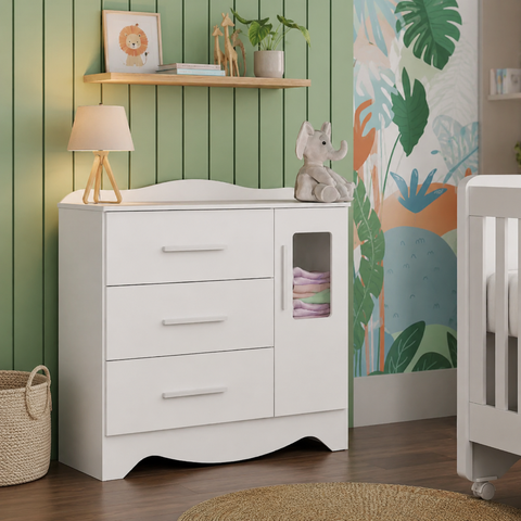 Cômoda Infantil Clara Peroba em MDF Branco 3 Gavetas 1 Porta