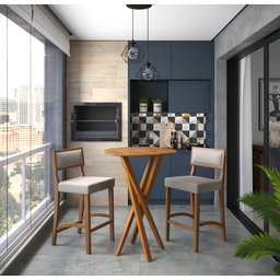 Conjunto Bistro Caribe com 2 Banquetas Comfort Pés em Madeira Maciça Premium Sacada Pub Cor Bege - 2