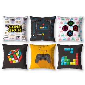 Kit 6 Almofadas Cheias Estampadas Infantil 40cm X 40cm Zíper Invisível Digital Menino Game