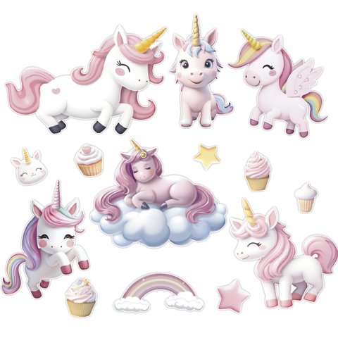 Adesivo Papel de Parede Infantil Unicórnios Cupcake Estrela