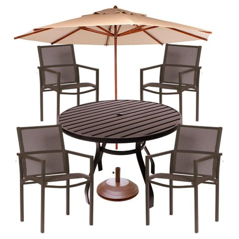 Conjunto de Mesa Ripada 1,20m + 4 Cadeiras para Piscina Jardim Resistente Sol Chuva Maresia Marrom