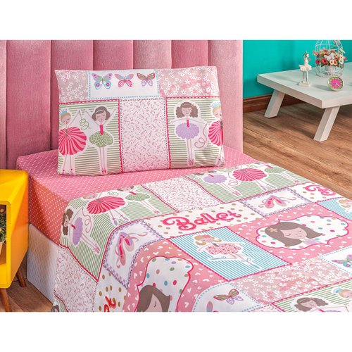 Cobre Leito Infantil Menina Bailarina Ballet Estampado Dupla Face Tecido  Microfibra + Jogo De Cama - 5 Peças