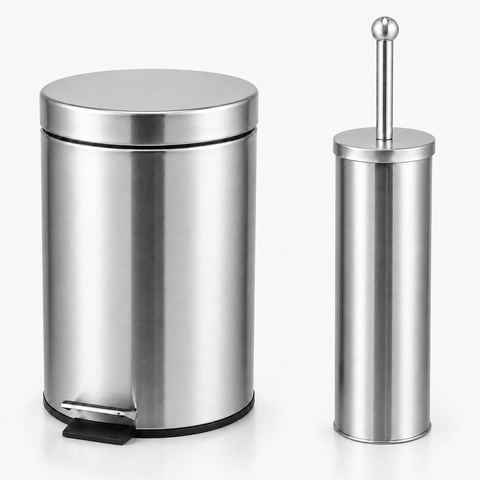 Kit Lixeira 3L com Pedal e Escova Sanitária Fechamento Suave Banheiro Premium Inox Prata Brinovar