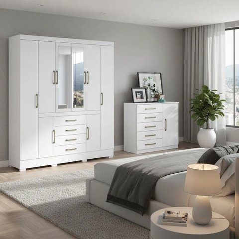 Jogo de Quarto com Roupeiro  Portas  Gavetas e Cômoda 5 Gavetas Branco Móveis Leartam Aramóveis