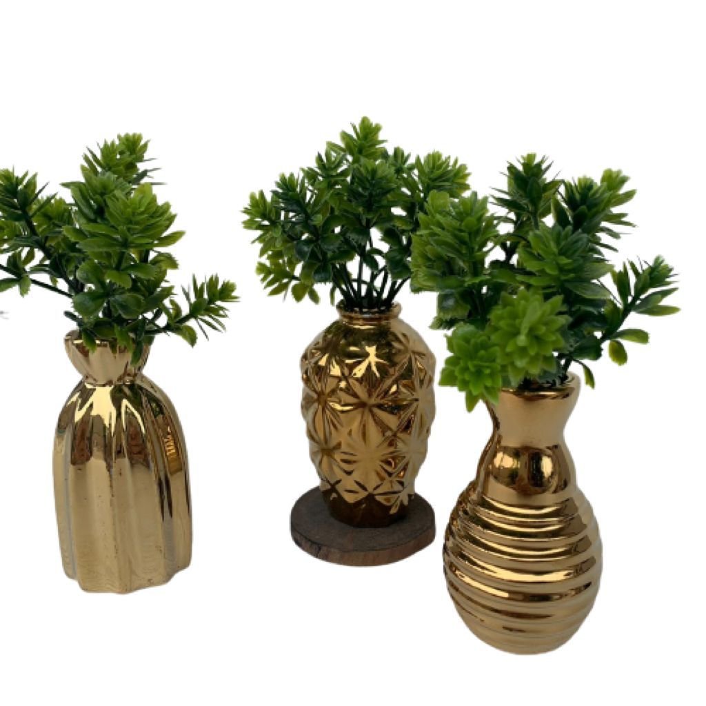 Trio mini vasos de cerâmica trabalhado dourado decorativo - 3