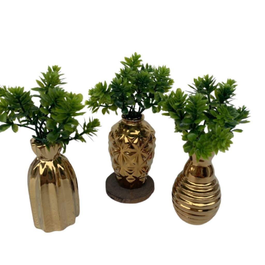 Trio mini vasos de cerâmica trabalhado dourado decorativo - 4