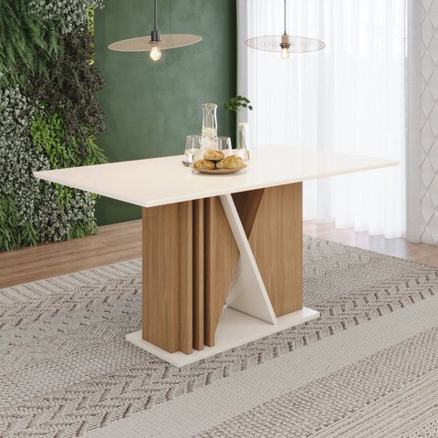 Mesa Valine 160cm Canto Reto sem Vidro Bege/Nature/Off White