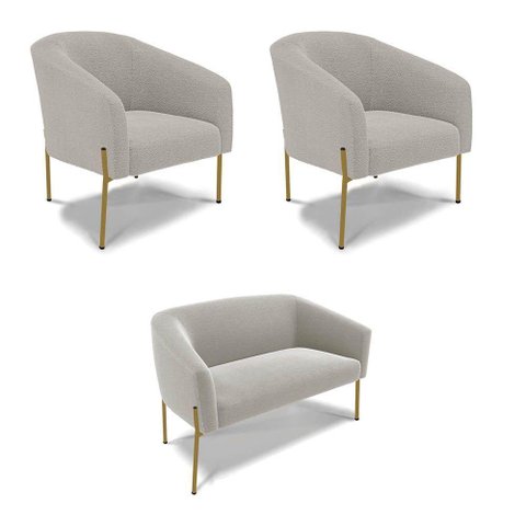 Namoradeira e 2 Poltronas Pé Ferro Dourado Stella Bouclê D03 - D'Rossi Cor Cinza