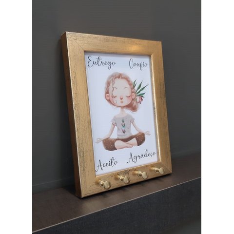 Quadro Porta-chaves 15x20cm Entrego Confio Aceito Agradeço Moldura Dourada