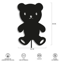 Luminária Abajur Parede Urso Madeira G9 30cm Decoração Bebê - Preto - 5