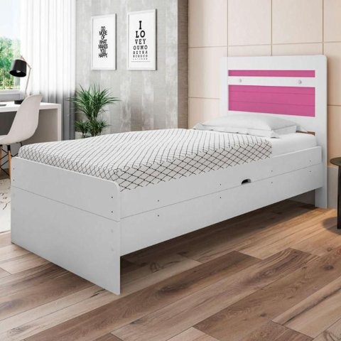 Cama Baú Solteiro Larissa com Baú Interno MDF Branco e Rosa Framar 98cm
