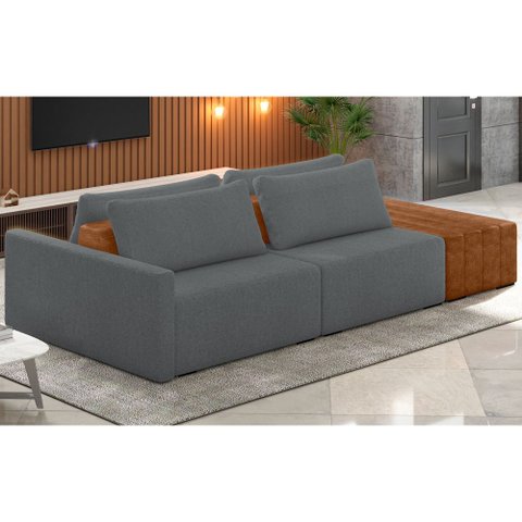 Sofá Ilha Modular para Sala 232cm com Puff Dublin K01 Veludo Cinza Sintético Caramelo - Lyam Decor