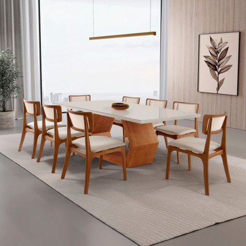 Sala de Jantar Mesa Ane 220cm Tampo Laqueado com Vidro Canto Moeda com 8 Cad Viena