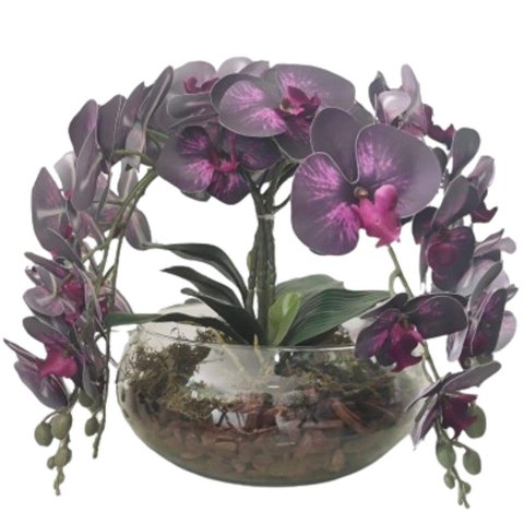 Arranjo de Mesa com 4 Flores Orquídeas Roxas Vaso Vidro