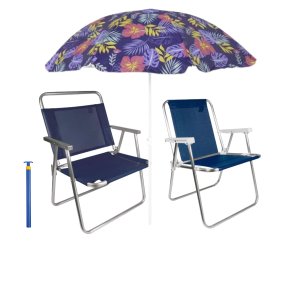 Kit Cadeira Reforçada + Cadeira Praia + Guarda Sol + Saca Areia Mor