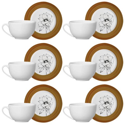 Kit 6 Xícaras Cerâmica Chá Café Pires Flor Minimalista 250ml