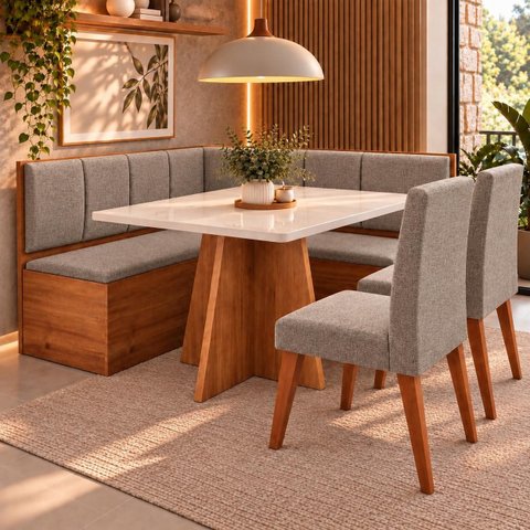 Conjunto Canto Alemão com Baú Mesa 120x77,8cm Tampo com Vidro e 2 Cadeiras Milão Bege/Mel/Off White/