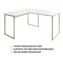 Ver imagem 3 de Mesa em L para Estudos e Trabalho com Pé de Ferro Max 150x150 cm - Branco/Dourado