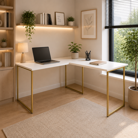 Mesa em L para Estudos e Trabalho com Pé de Ferro Max 150x150 cm - Branco/Dourado