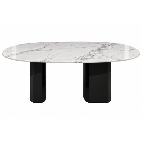 Mesa de Jantar Orgânica Cora 160x90 cm Base Dupla, Preto Laca - Mármore Branco Extra. Personal Art D