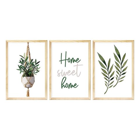 Kit 3 Quadros Decorativos para Corredor Moldura Pinus Plantas Folhas