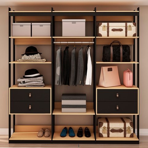 Guarda-roupa Genialflex Closet Modulado Aberto 1 Cabide 4 Gavetas Freijó Preto Fosco
