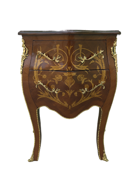 Cômoda Bombê 2 Gavetas com Marchetaria e Detalhes em Bronze