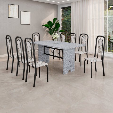 Conjunto de Mesa com 8 Cadeiras para Sala de Jantar Lara Preto/Cinza