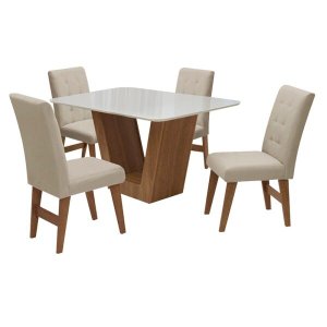 Conjunto Mesa de Jantar Safira com 4 Cadeiras Agata 135cm Cedro/Branco Off/Bege