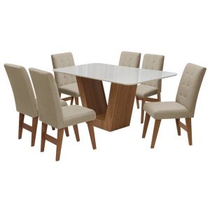 Conjunto Mesa de Jantar Safira com 6 Cadeiras Agata 160cm Cedro/Branco Off/Bege - Adj Decor
