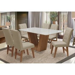Conjunto Mesa de Jantar Safira com 6 Cadeiras Agata 160cm Cedro/Branco Off/Bege - Adj Decor - 2