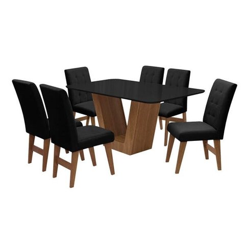 Conjunto Mesa de Jantar Safira com 6 Cadeiras Agata 160cm Cedro/Preto/Preto