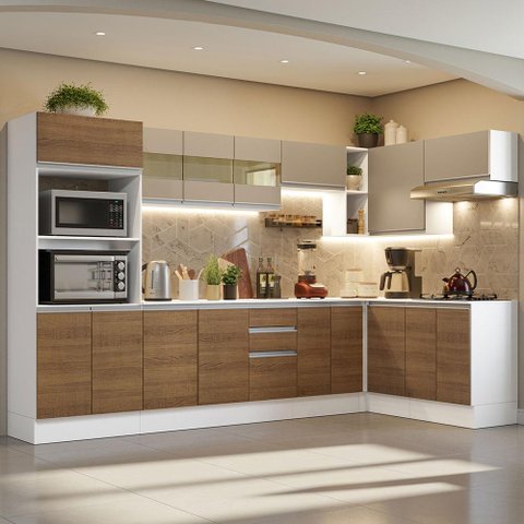 Armário de Cozinha Completa de Canto 100% MDF 448 cm Branco/Rustic/Crema Smart Madesa XA01