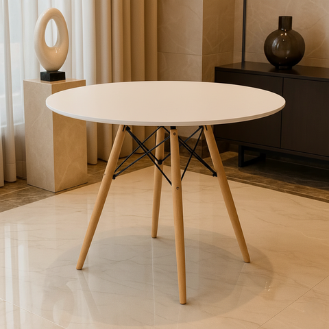 Mesa de Jantar Redonda Eames Eiffel Wood Tampo 90cm Branco