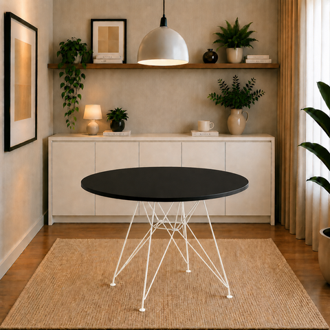 Mesa de Jantar e Sala de Estar Eiffel Redonda 90cm Tampo de Madeira Preto com Base de Ferro Branco
