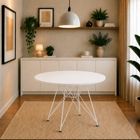 Mesa de Jantar e Sala de Estar Eames Ferro Branco Tampo Redondo Madeira Branco 90cm