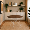 Ver imagem 1 de Mesa de Jantar e Sala de Estar Eames Redonda 90cm Tampo de Madeira Amendôa com Base de Ferro Branco