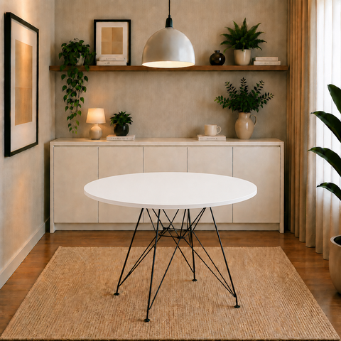 Mesa Eames Sala e Jantar Ferro Preto Tampo Redondo Madeira Branca 90cm