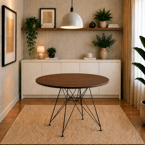 Mesa de Jantar e Sala de Estar Eames Ferro Preto Tampo de Madeira Amêndoa 90cm