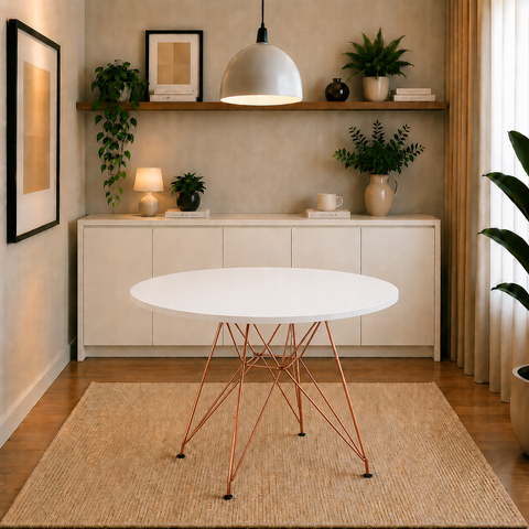 Mesa de Jantar e Sala de Estar Eiffel Redonda 90cm Tampo de Madeira Branco com Base de Ferro Cobre