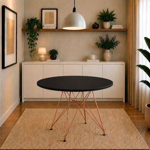 Mesa de Jantar e Sala de Estar Redonda 90cm Tampo de Madeira Preto com Base de Ferro Cobre