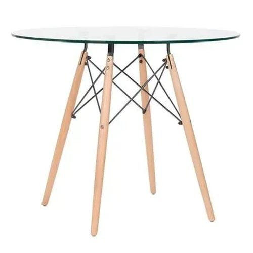 Mesa Eames Eiffel Redonda Tampo de Vidro 90cm com Base de Madeira