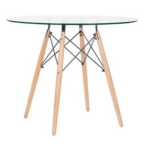 Mesa Eames Eiffel Redonda Tampo de Vidro 90cm com Base de Madeira