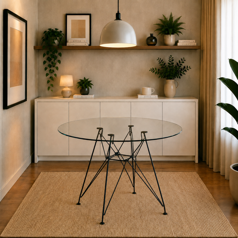 Mesa de Jantar e Sala de Estar Ferro Preto Tampo Redondo Vidro 90cm